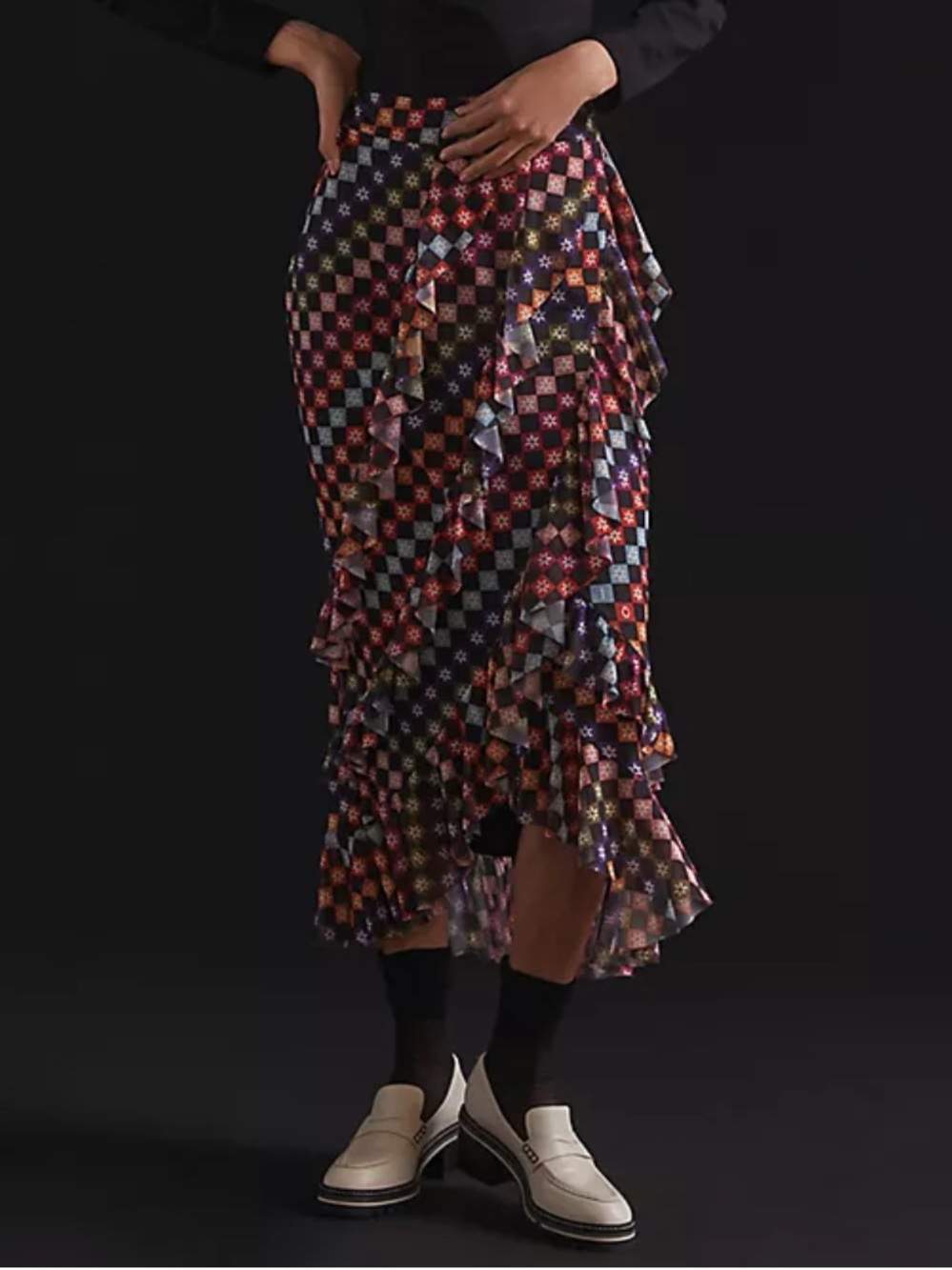 FARM Rio Anthropologie Check Ruffled Midi Skirt